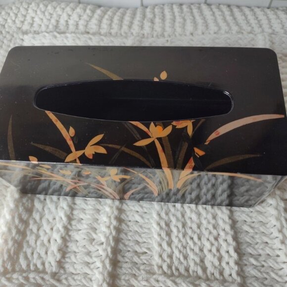 Vintage Japanese Yamanaka Black Lacquer Tissue Box Floral Made in Japa - Picture 2 of 8